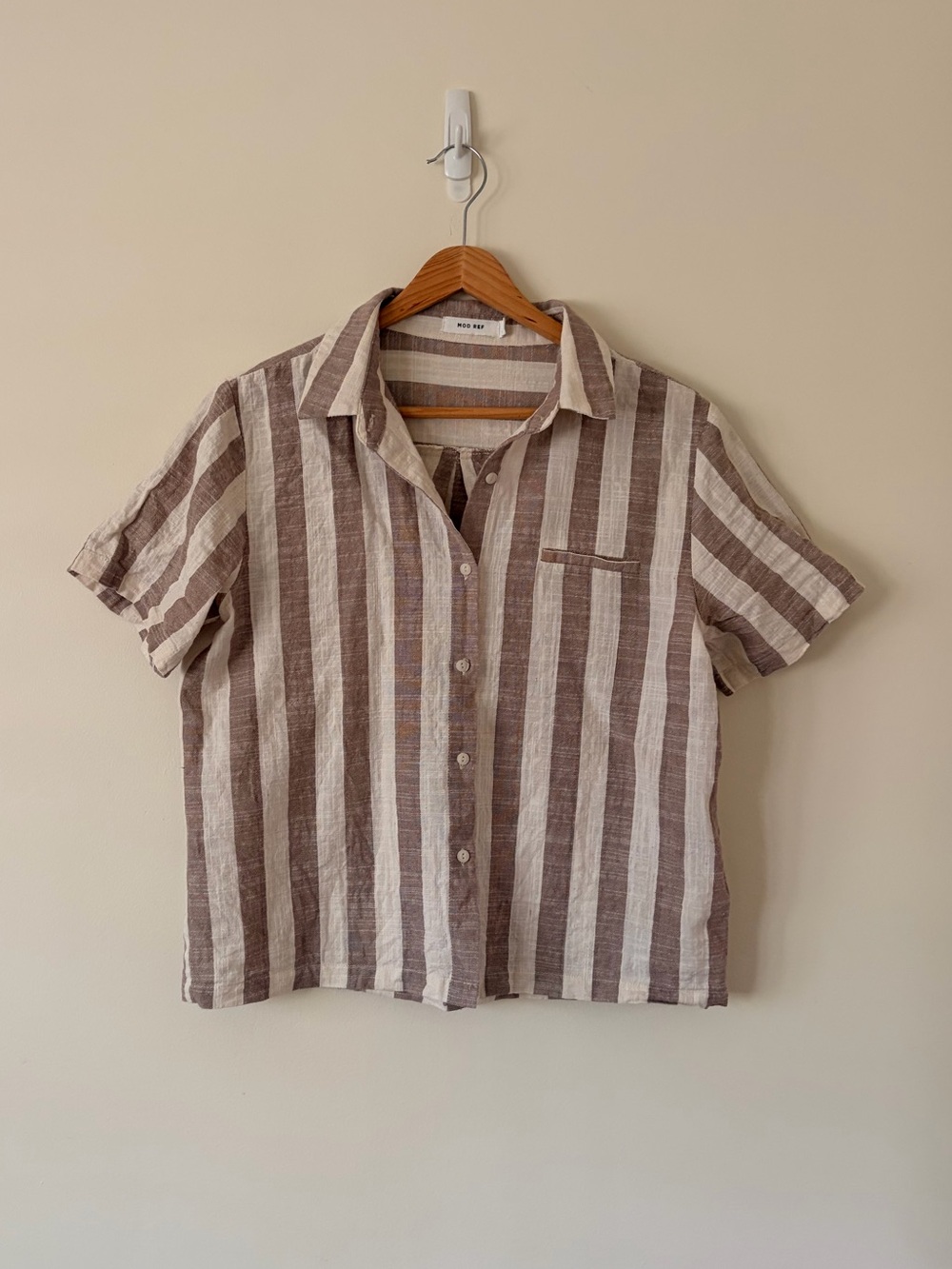 Mod Ref Brown & White Vertical Stripe Short Sleeve Camp Shirt